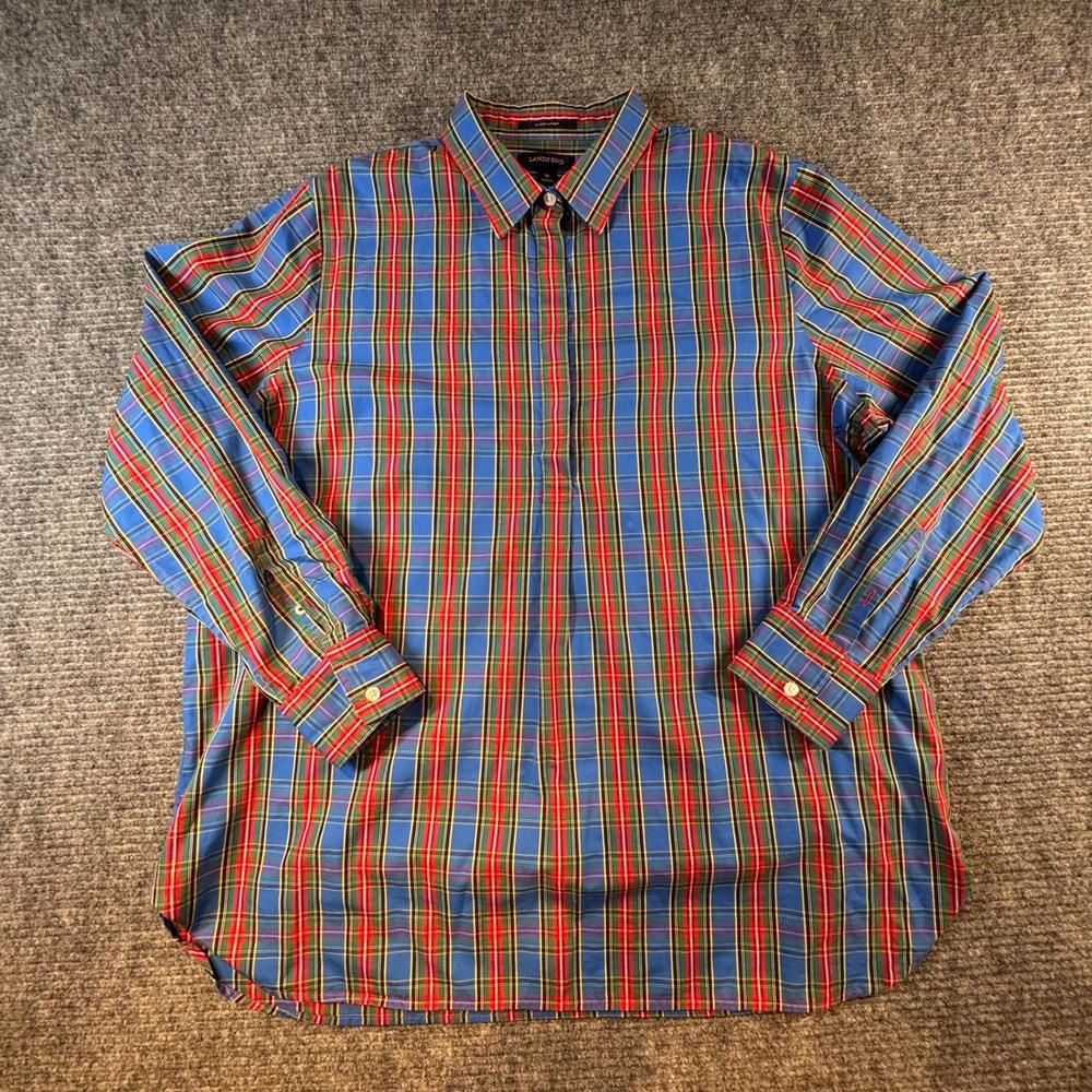 Lands End Womens Blue Red Plaid Button Down Shirt Long‎ Sleeve Size 18 Regular
